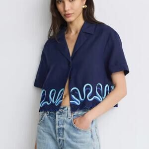 The Wolf Gang Blue Linen Button Down Shirt XS Short SleeveCropped Designer $250